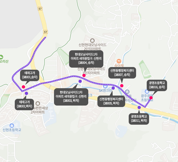 태재고개(38001승차)(38002하차),현대모닝빌사이드1차아파트 새마을입구.신현리(38004승차)(38003하차),신현동행정복지센터(38007승차)(38005하차),광명초등학교(38016승차)(38011하차)