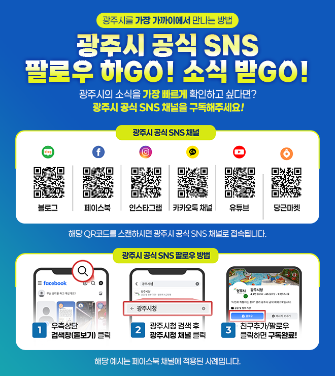 
		광주시를 가장 가까이에서 만나는 방법 광주시 공식 SNS 팔로우 하GO! 소식 받GO! 
		광주시의 소식을 가장 빠르게 확인하고 싶다면? 광주시 공식 SNS 채널을 구독해주세요!
		광주시 공식 SNS 채널
		블로그 QR코드, 페이스북 QR코드, 인스타그램 QR코드, 카카오톡 채널 QR코드, 유튜브 QR코드, 당근마켓 QR코드
		해당 QR 코드를 스캔하시면 광주시 공식 SNS 채널로 접속됩니다.
		광주시 공식 SNS 팔로우 방법
		1. 우측상단 검색창(돋보기) 클릭
		2. 광주시청 검색 후 광주시청 채널 클릭
		3. 친구추가/팔로우 클릭하면 구독완료!
		해당 예시는 페이스북 채널에 적용된 사례입니다.
		