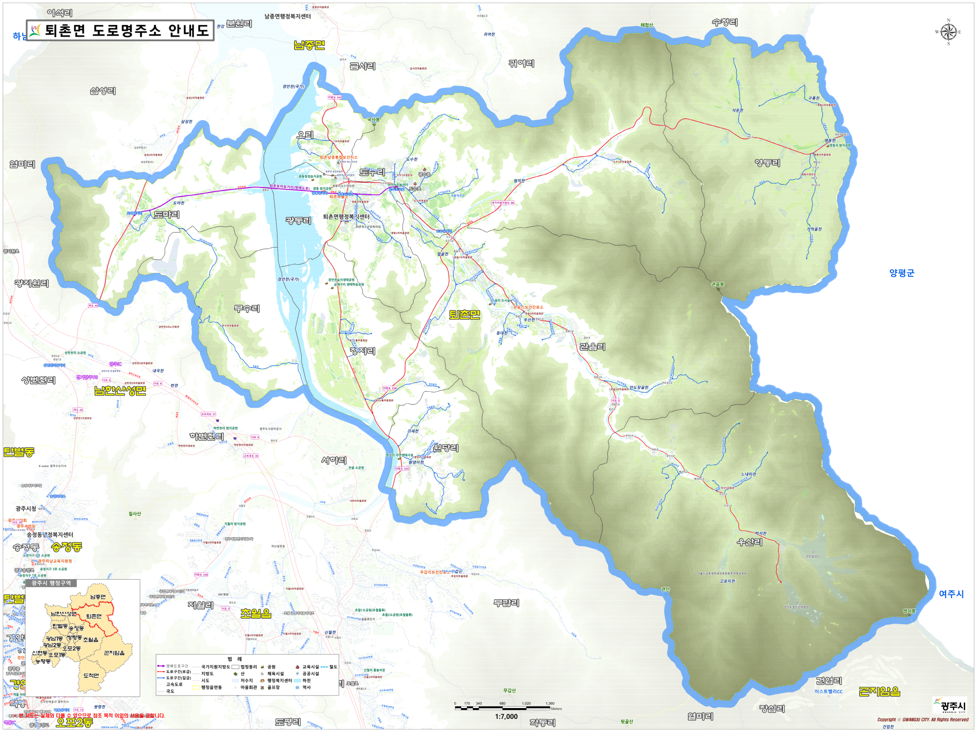 퇴촌면 안내도입니다. 퇴촌면은 광동리, 관음리, 우산리, 영동리, 도수리, 오리, 도마리, 무수리, 원당리, 정지리로 이루어져있으며 청사로는 퇴촌면사무소가 있습니다.